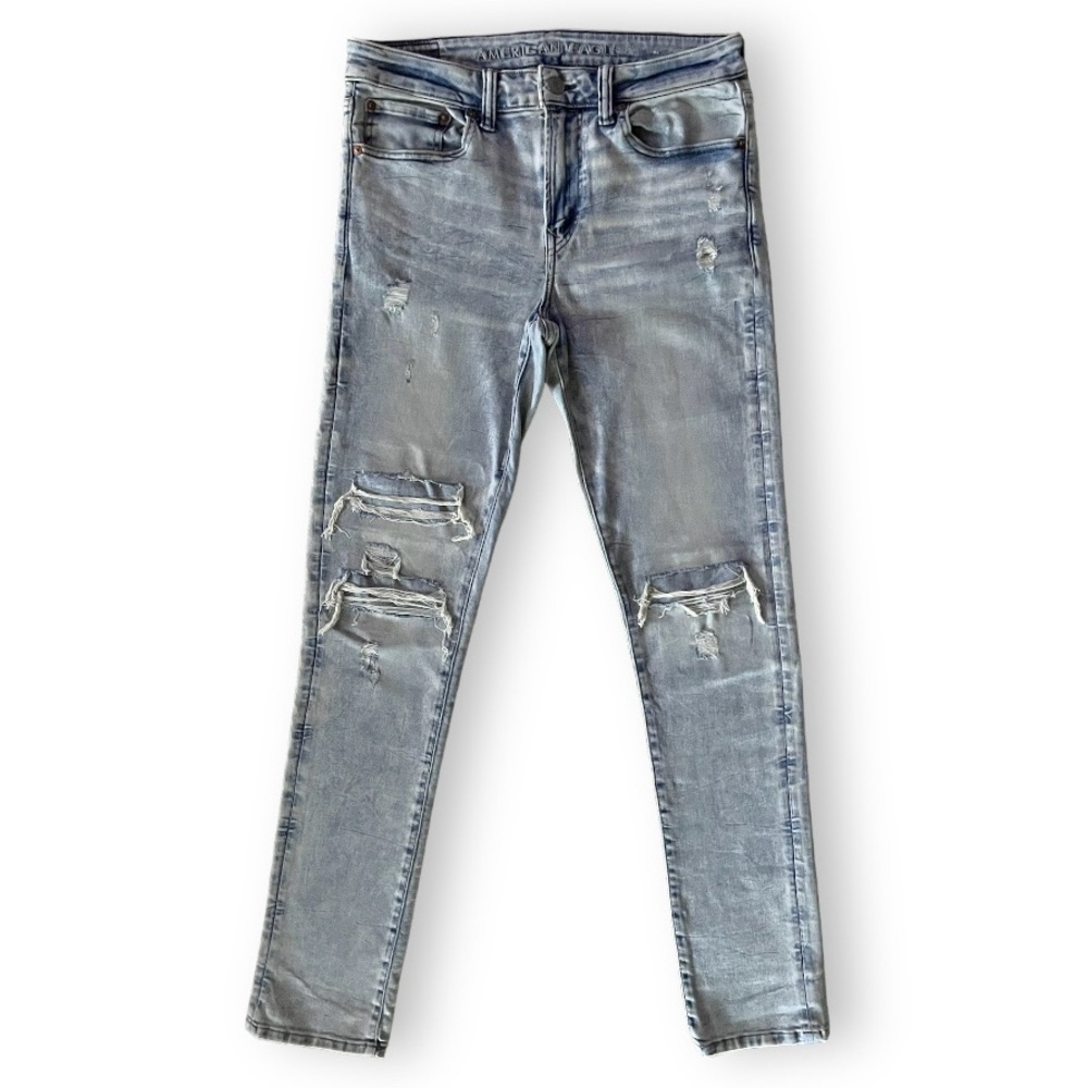 American Eagle Airflex 360 Distressed Patched Skinny Jeans - Blue Light Wash‍‍﻿﻿